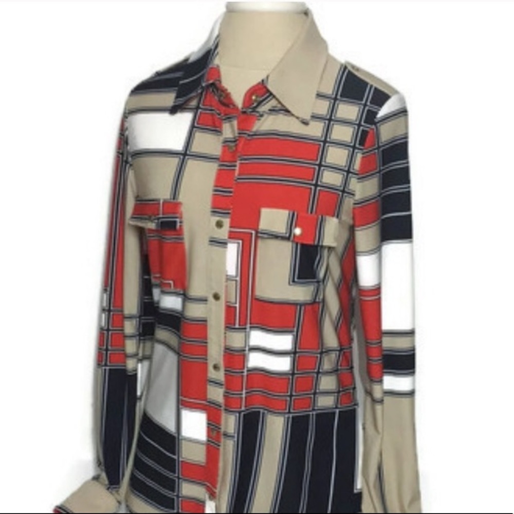 Nordstrom Red, Blue, Cream Button Up Blouse